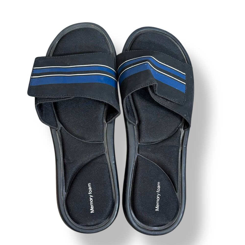 Black Memory Foam Slide Sandals With Blue Stripes Velcro Strap Unisex Size Large